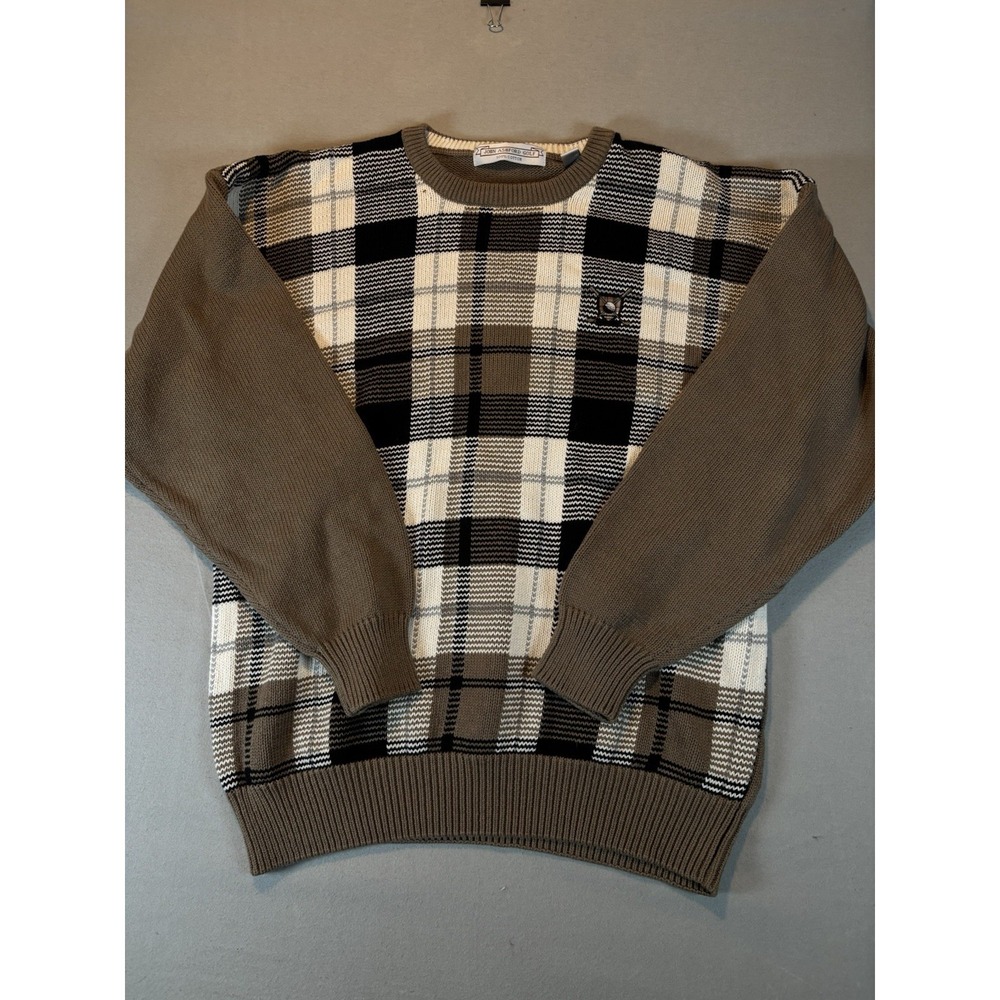Vintage John Ashford Golf Crew Neck 100% Cotton Knit Sweater Brown Plaid Size L